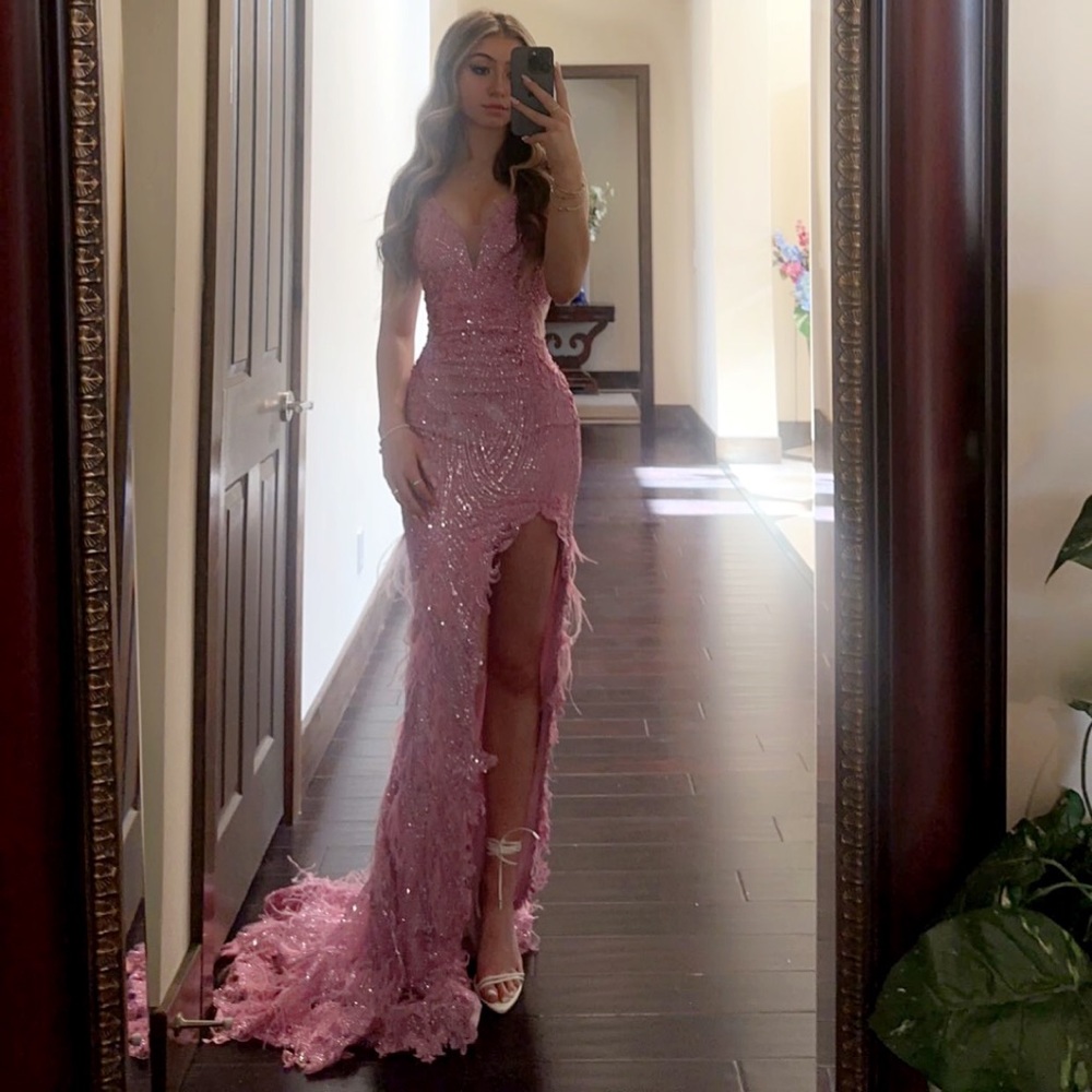 Portia and Scarlett prom, formal mermaid, pink, sparkly, feather dress